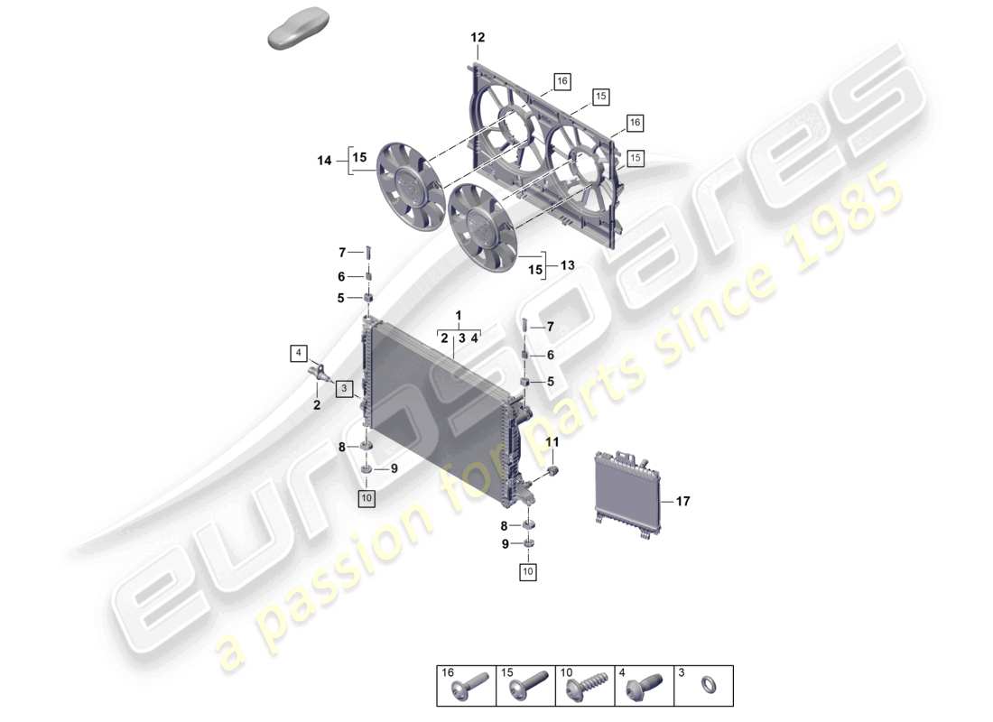 porsche 2025 (cayenne e3 pa) sistema de enfriamiento de refrigerante enfriador de refrigerante diagrama de piezas de la cubierta del radiador