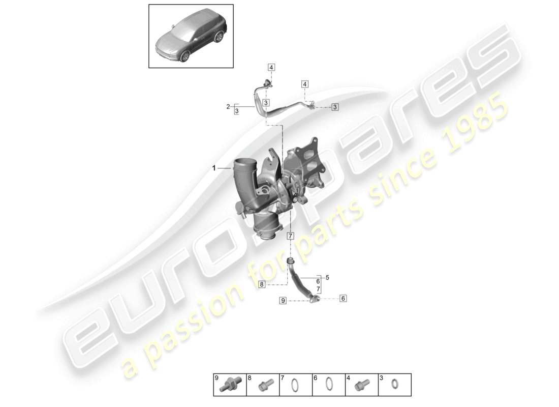 porsche 2021 (cayenne e3 9ya/9yb) diagrama de piezas del turbocompresor de gases de escape de la línea de presión de aceite para la refrigeración del aceite del motor