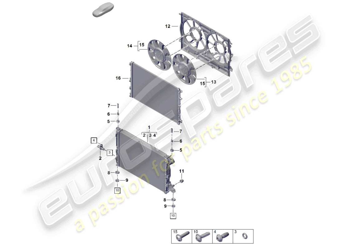 porsche 2024 (cayenne e3 pa) sistema de enfriamiento de refrigerante enfriador de refrigerante diagrama de piezas de la cubierta del radiador