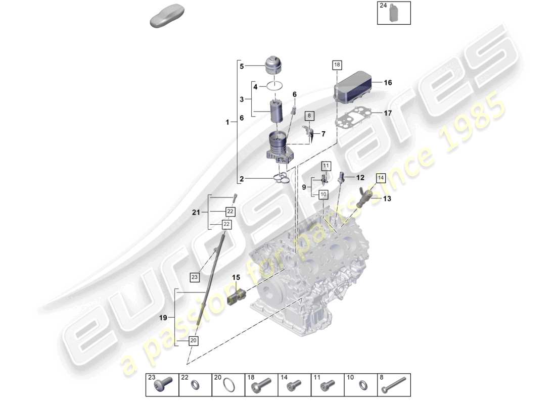porsche 2025 (cayenne e3 pa) diagrama de piezas del enfriador de aceite de la consola del filtro de aceite