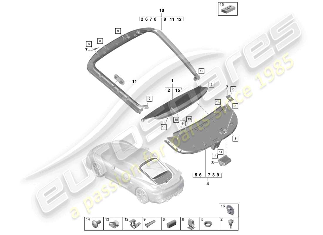porsche 2021 (718 cayman gt4) diagrama de piezas de la tapa trasera embellecedora