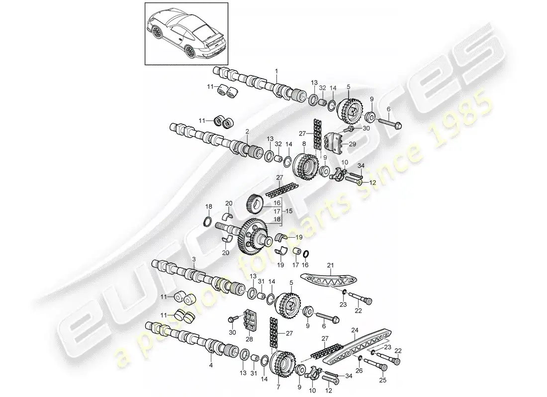 porsche 2008 (997-1 gt3) control de válvula diagrama de piezas