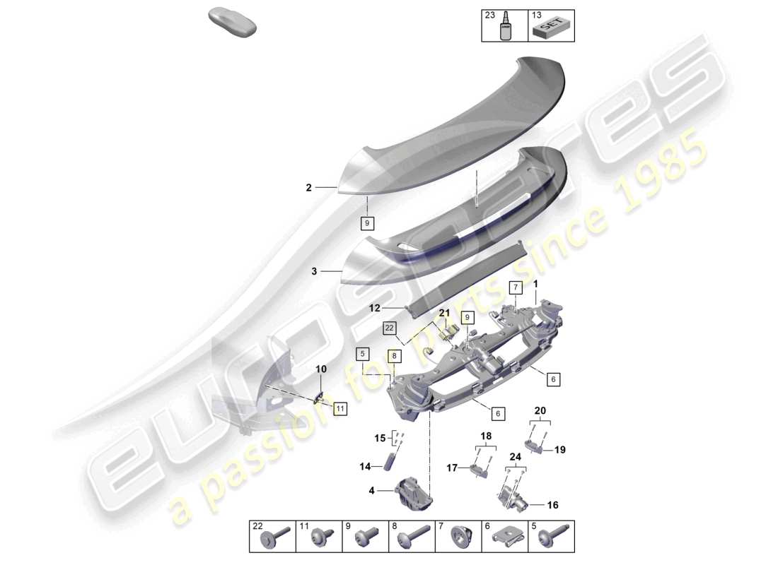 porsche 2020 (992-1 turbo / s) diagrama de piezas del spoiler trasero