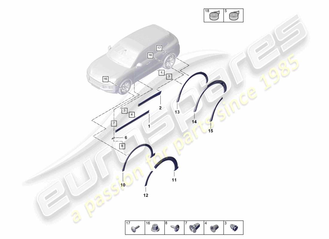 porsche 2024 (cayenne e3 pa) diagrama de piezas de moldura de cubierta de paso de rueda para puerta de coupé