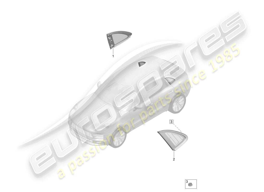 porsche 2021 (macan) ventana lateral (sin apertura) para panel lateral trasero diagrama de piezas