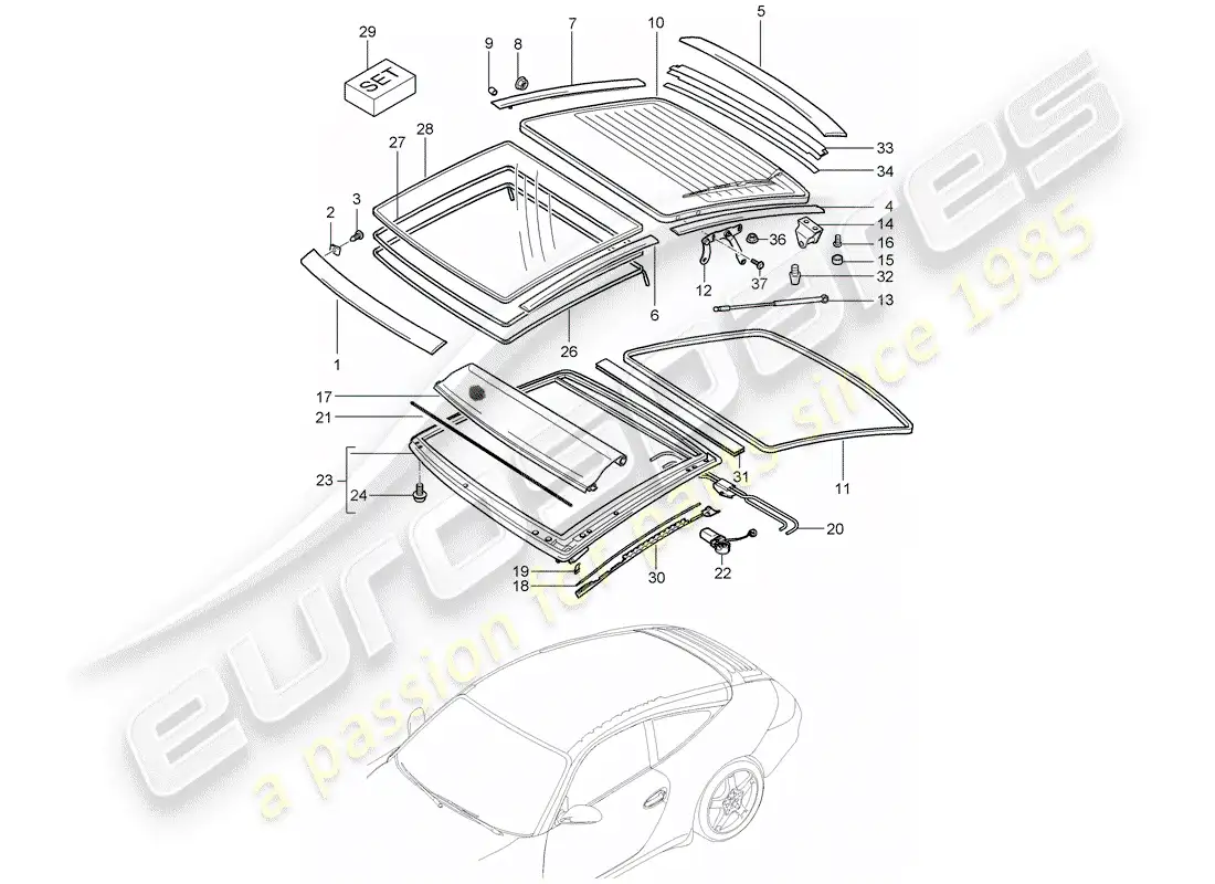 porsche 2011 (997-2) techo de cristal diagrama de piezas