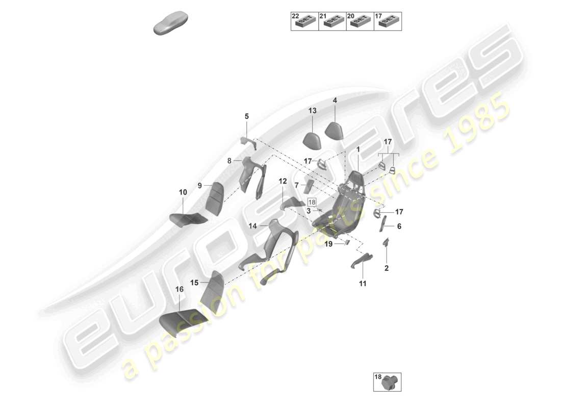 porsche 2021 (992-1 gt3/rs/st) asiento de cubo marco del asiento fundas de asiento pieza de espuma diagrama de piezas
