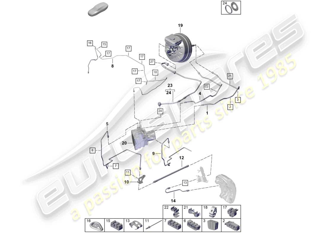 porsche 2023 (cayenne e3 pa) diagrama de piezas de la línea de freno del extremo delantero del phev