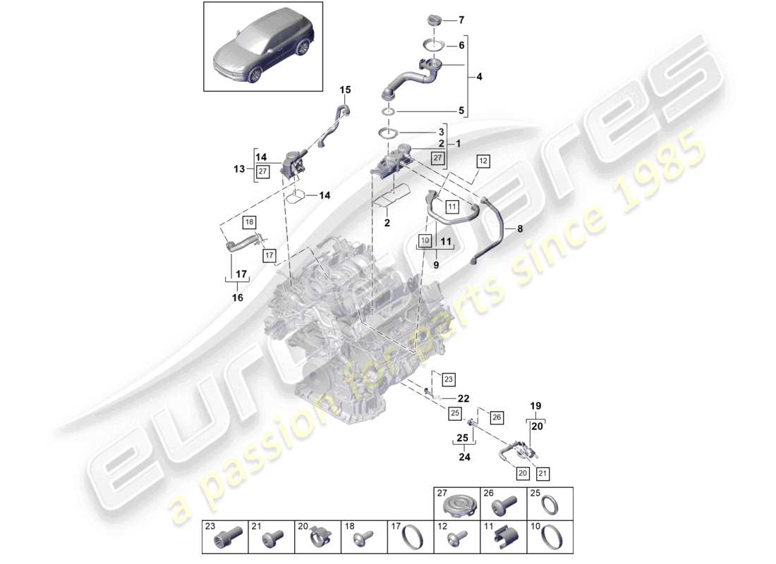 porsche 2021 (cayenne e3 9ya/9yb) diagrama de piezas del separador de aceite del bloque de cilindros