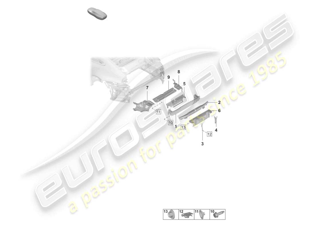 porsche 2021 (992-1) diagrama de piezas del paquete sport design del soporte del parachoques trasero y protector térmico