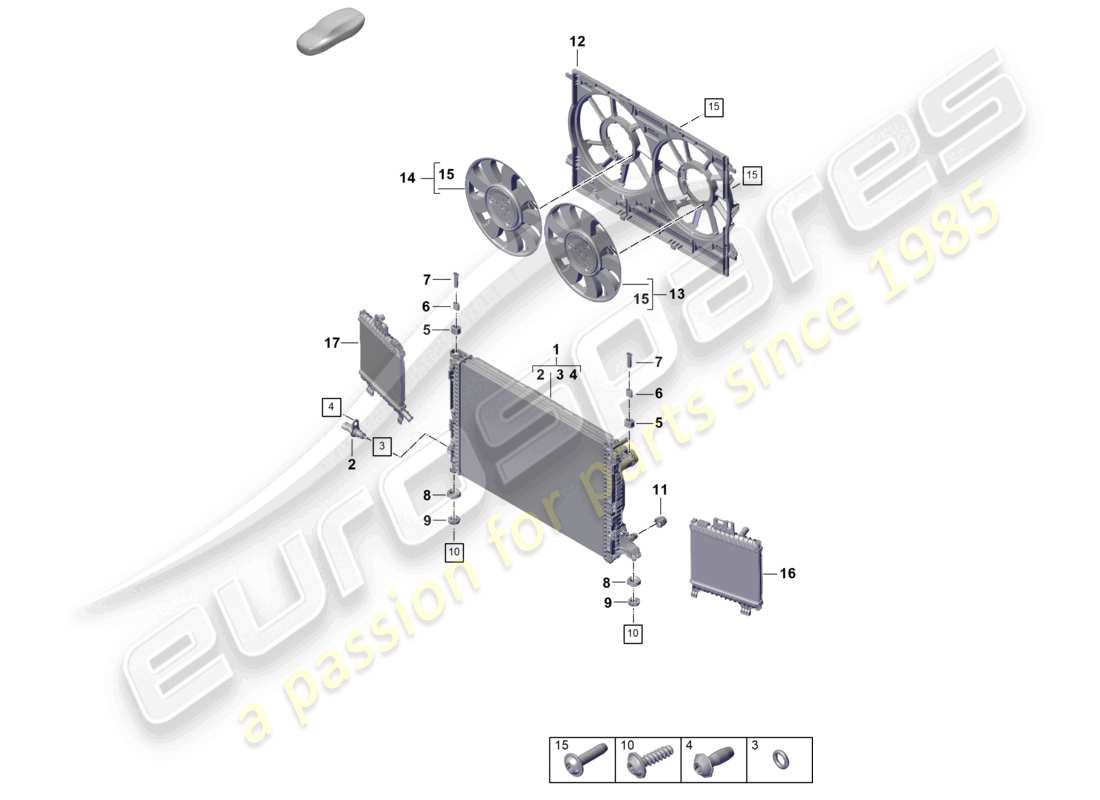 porsche 2024 (cayenne e3 pa) sistema de enfriamiento de refrigerante enfriador de refrigerante diagrama de piezas de la cubierta del radiador