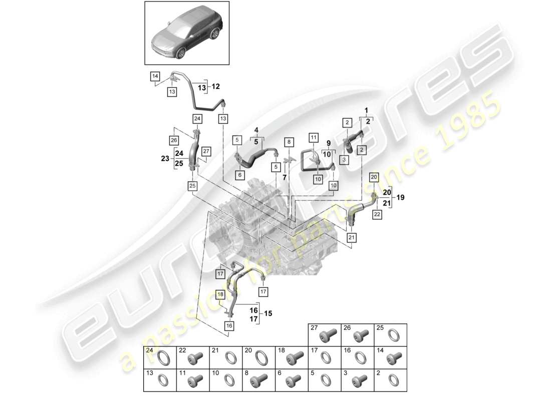 porsche 2021 (cayenne e3 9ya/9yb) diagrama de piezas del sistema de enfriamiento del refrigerante para la línea de presión de aceite del turbocompresor para el enfriamiento del aceite del motor