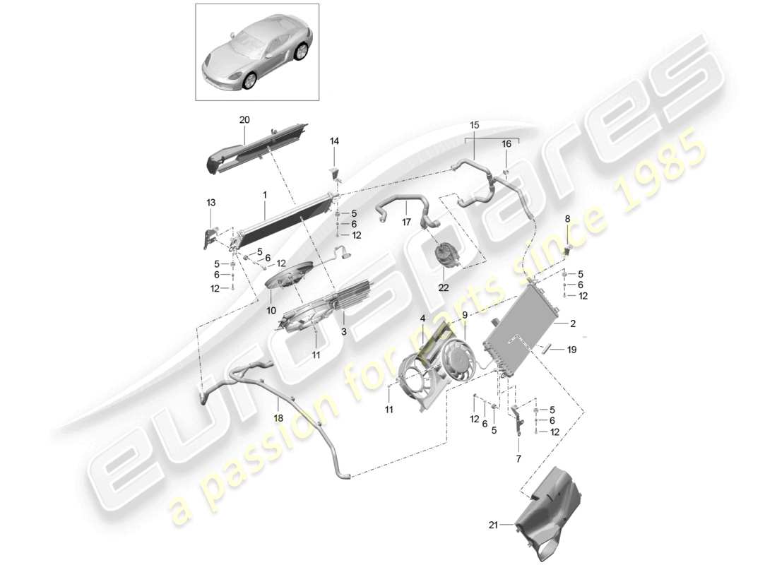 porsche 2021 (718 cayman) sistema de enfriamiento de refrigerante enfriador de refrigerante ventilador del radiador diagrama de piezas del extremo trasero