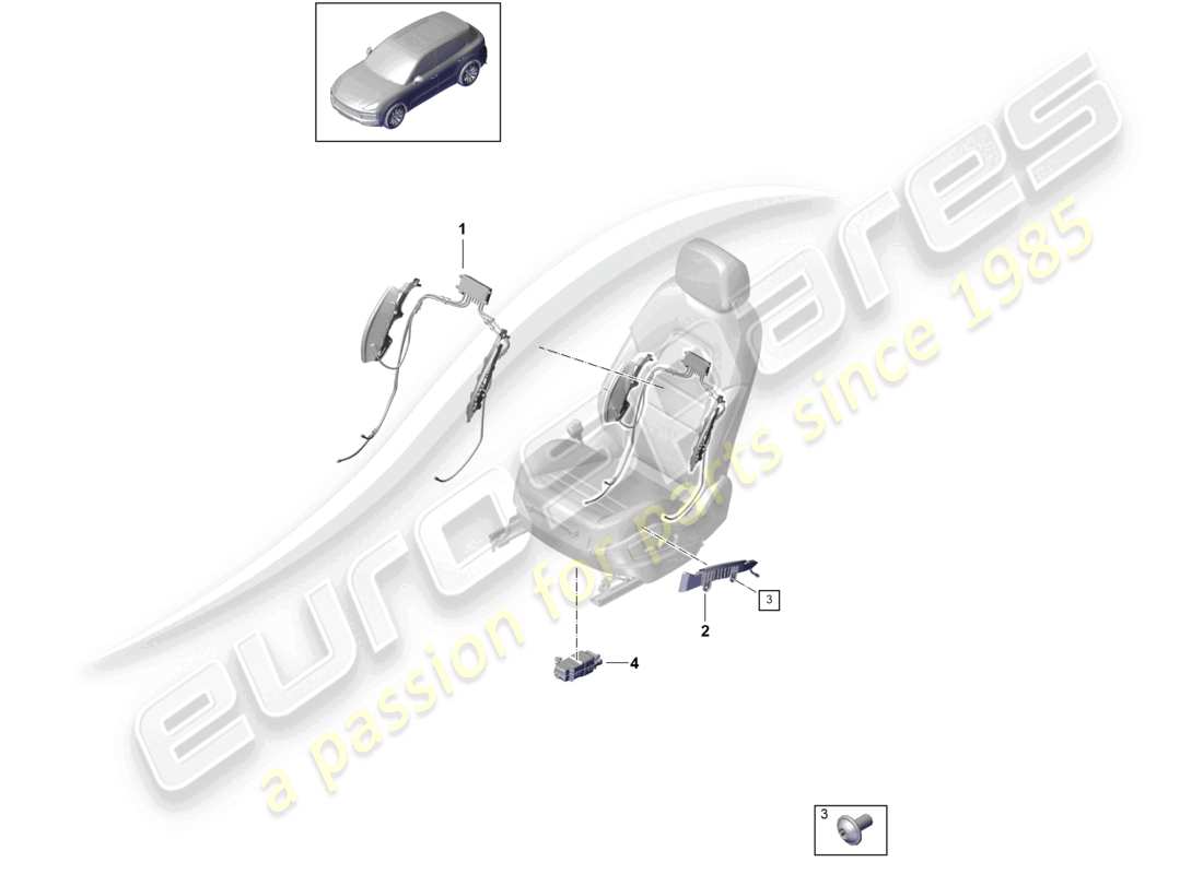 porsche 2021 (cayenne e3 9ya/9yb) diagrama de componentes neumáticos para asiento deportivo delantero