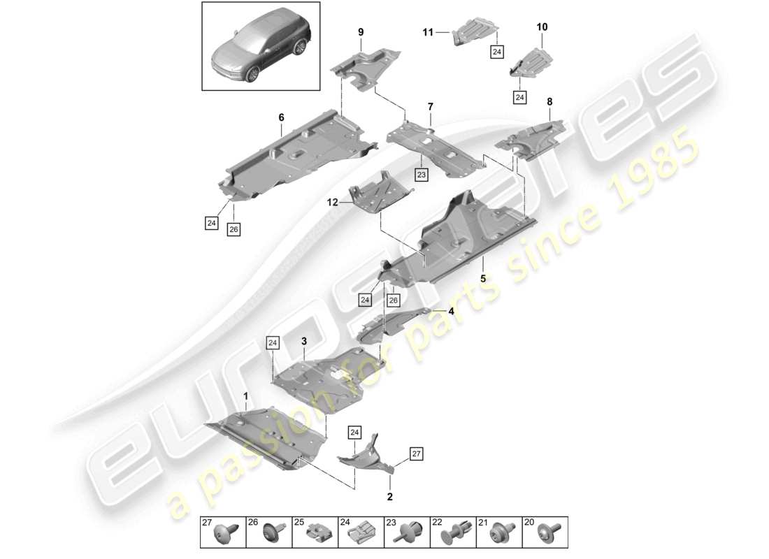 porsche 2021 (cayenne e3 9ya/9yb) revestimiento de bajos para vehículos con propulsión híbrida diagrama de piezas