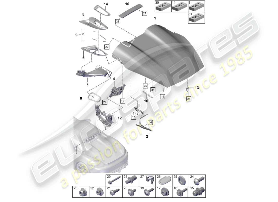 porsche 2022 (718 boxster spyder) diagrama de piezas de la cubierta trasera