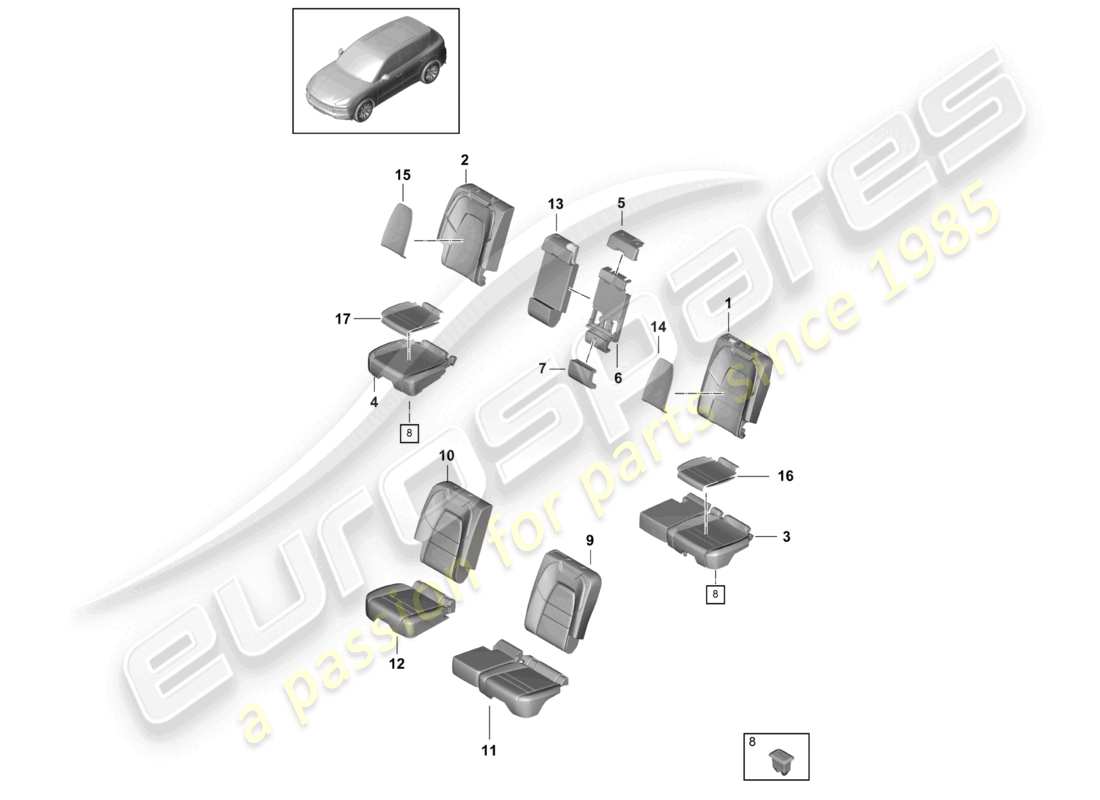 porsche 2021 (cayenne e3 9ya/9yb) asiento trasero deportivo parte de espuma fundas de respaldo fundas de asiento diagrama de piezas