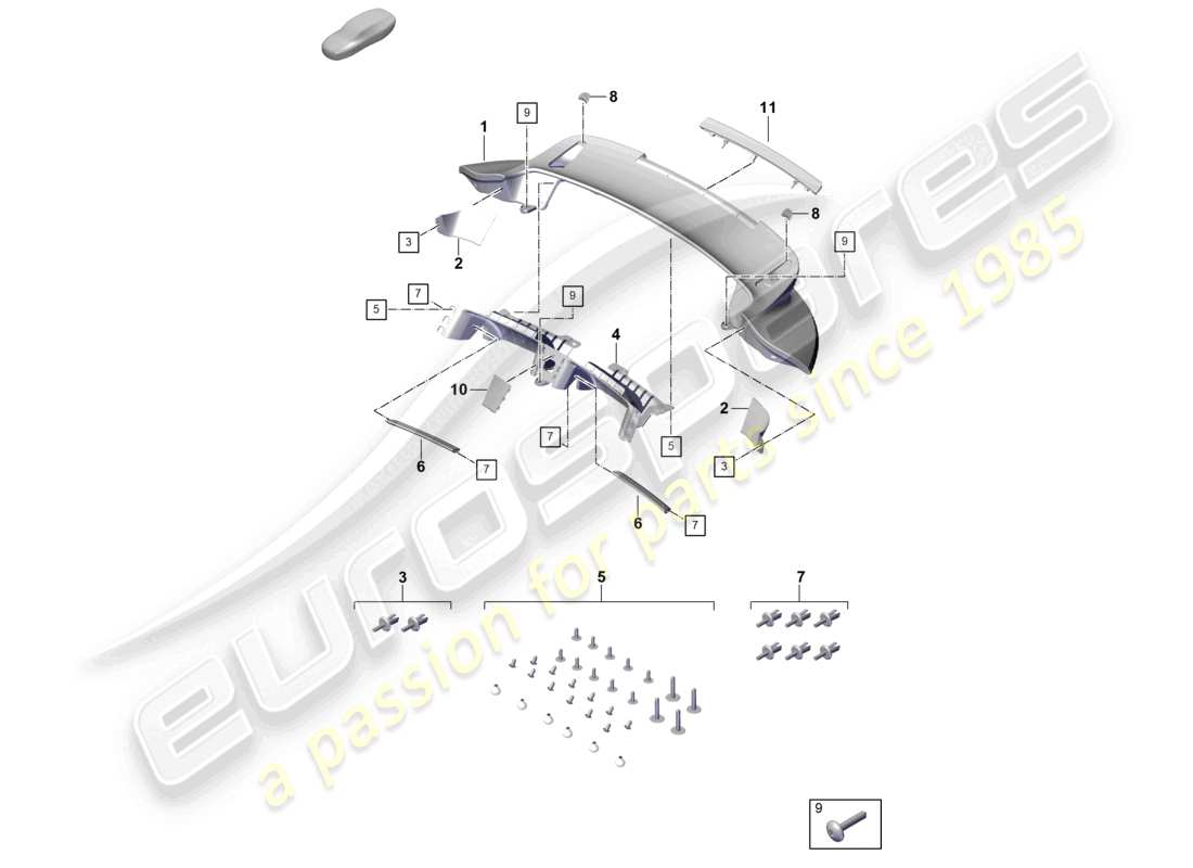 porsche 2023 (992-1 turbo / s) alerón trasero parte inferior diagrama de piezas