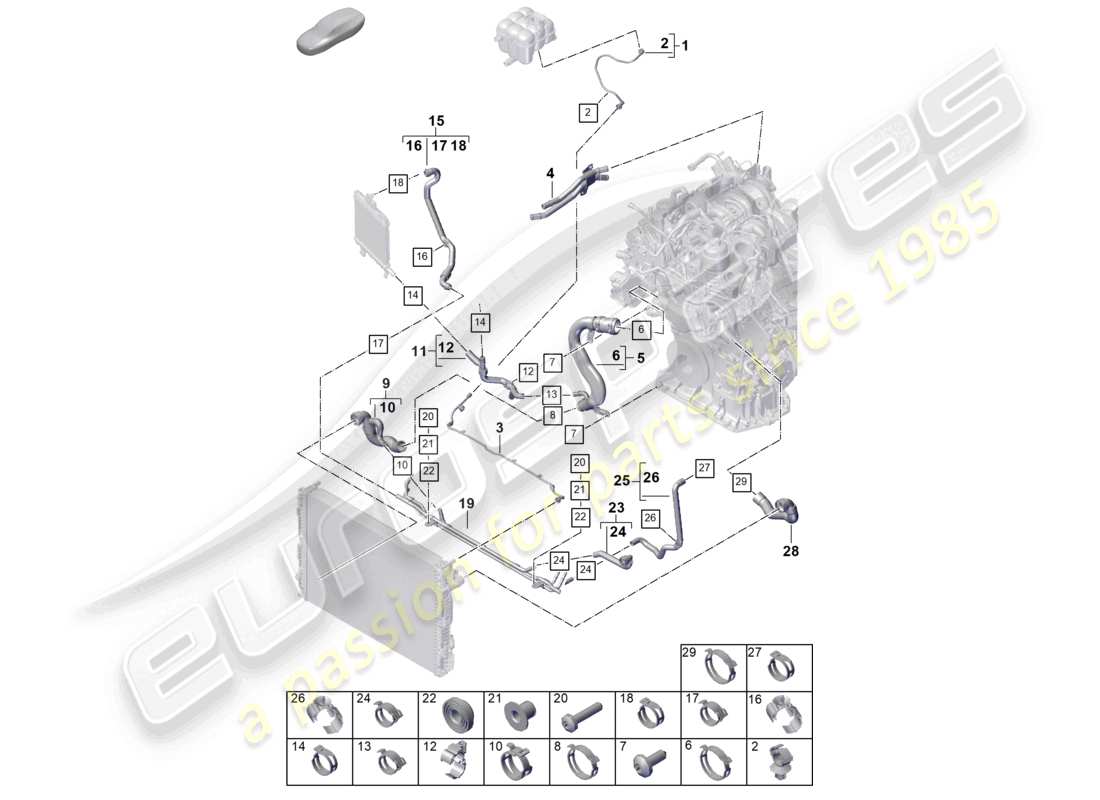 porsche 2025 (cayenne e3 pa) sistema de enfriamiento de refrigerante tanque de expansión de refrigerante diagrama de piezas de la tubería de refrigerante