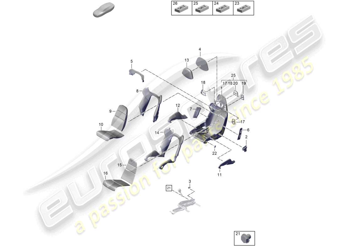 porsche 2021 (992-1 gt3/rs/st) asiento de cubo marco del asiento fundas de asiento pieza de espuma diagrama de piezas