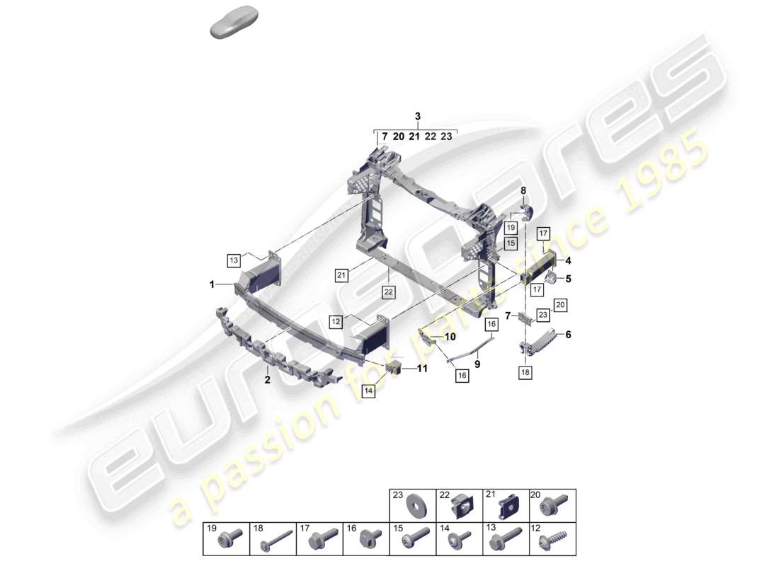 porsche 2023 (cayenne e3 pa) diagrama de piezas del soporte de parachoques delantero y soporte de montaje