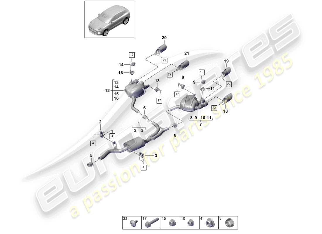 porsche 2021 (macan) sistema de escape tubo de escape silenciador trasero diagrama de piezas