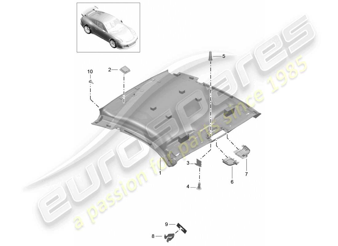 porsche 2021 (991-2 r/gt3/rs) diagrama de piezas del revestimiento del techo