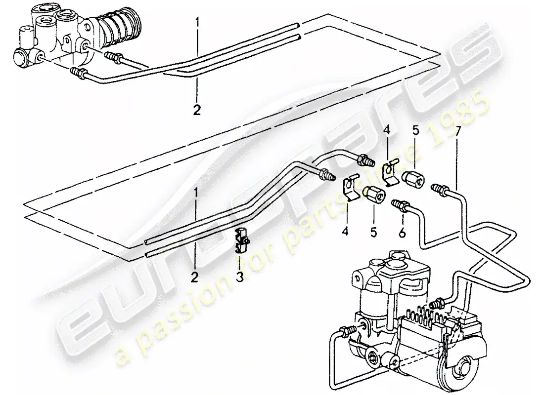 porsche 1990 (964) líneas de freno - extremo delantero diagrama de piezas