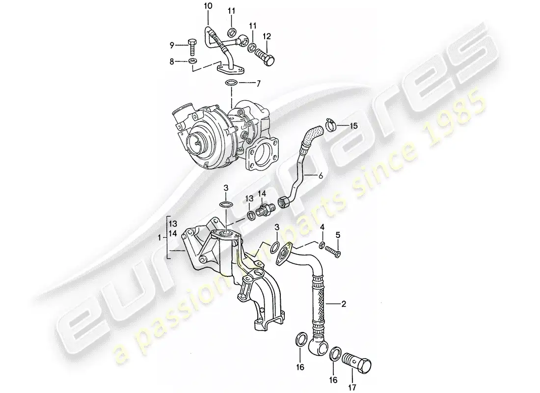 porsche 1990 (944) lubricación del motor - turbocompresor de gas de escape diagrama de piezas