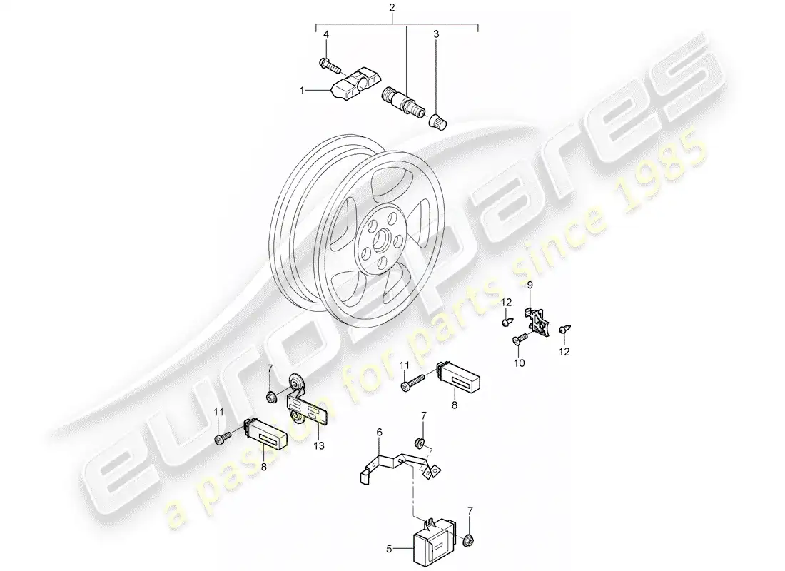 porsche 2008 (997-1 turbo / gt2) sistema de control de presión de neumáticos diagrama de piezas