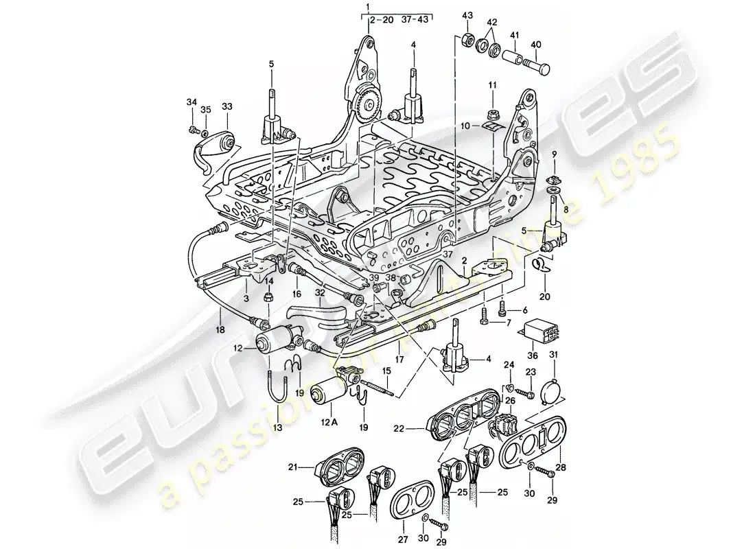 porsche 1983 (928) asiento deportivo - ajustable electricamente - estructura para asiento - piezas individuales - d - mj 1985>> diagrama de piezas