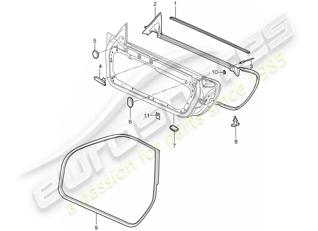 porsche 2006 (987 cayman) junta de la puerta diagrama de piezas