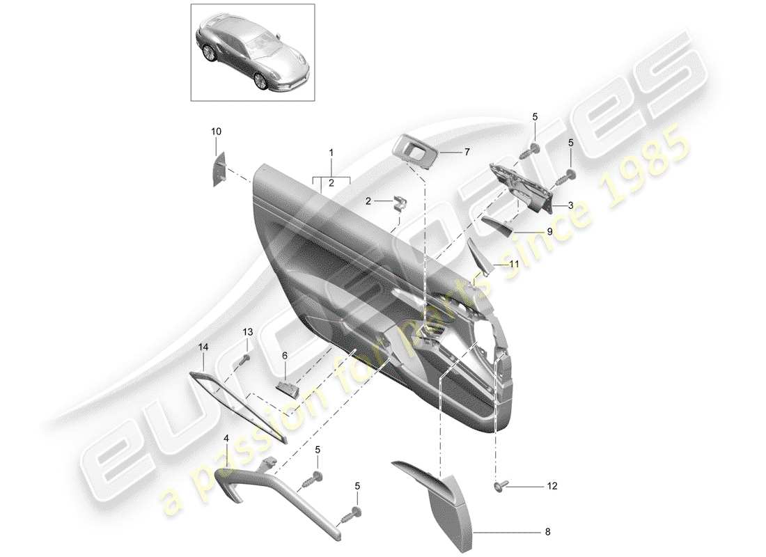 porsche 991 turbo (2018) diagrama de piezas del panel de puerta