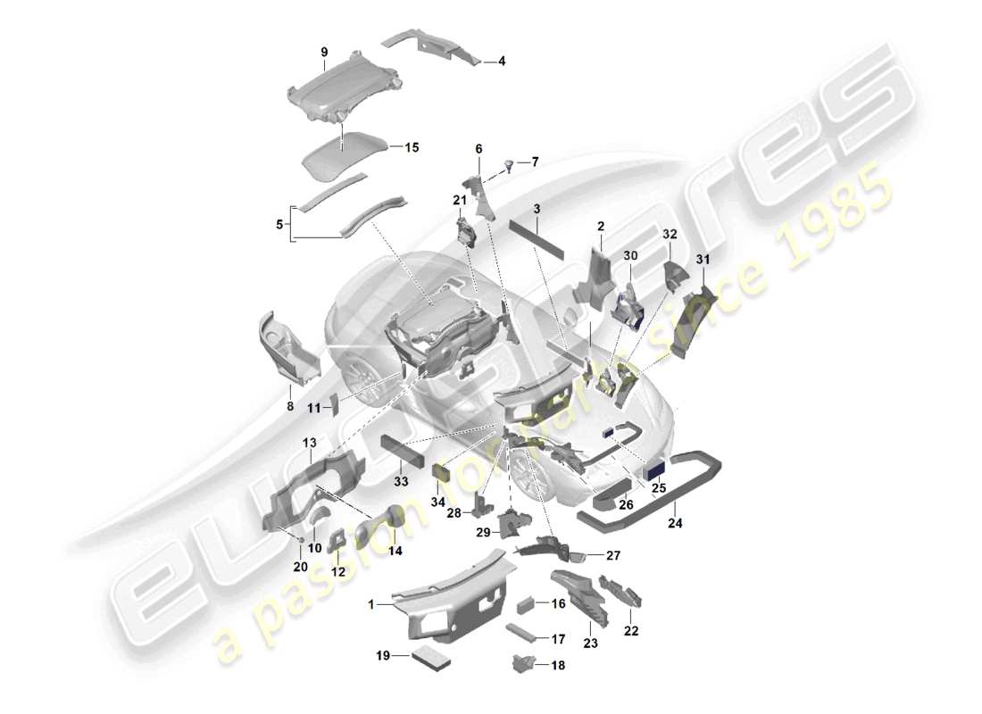 porsche 2024 (718 boxster) diagrama de piezas de aislamiento de ruido de la carrocería