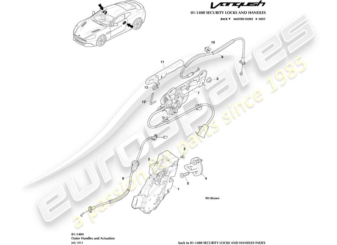 aston martin vanquish (2017) manijas exteriores y accionamiento diagrama de piezas