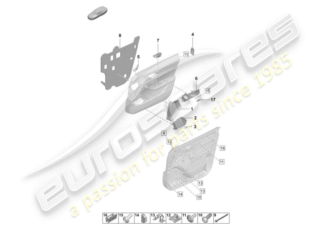 porsche 2025 (taycan 9j1-2) diagrama de piezas de sujetadores de accesorios del panel de la puerta delantera