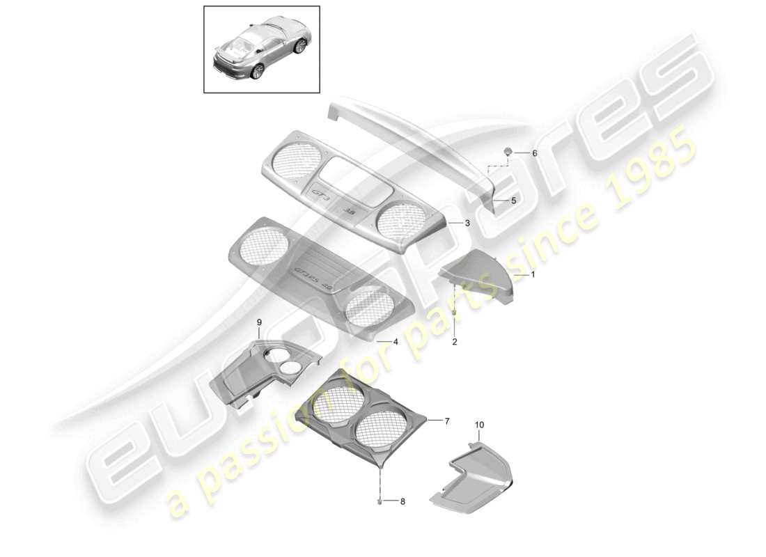 porsche 2021 (991-2 r/gt3/rs) diagrama de piezas del compartimento del motor