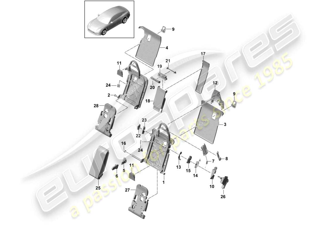 porsche 2022 (panamera 971-2) respaldo del asiento trasero acabado premium accesorios versión comfort versión sport diagrama de piezas