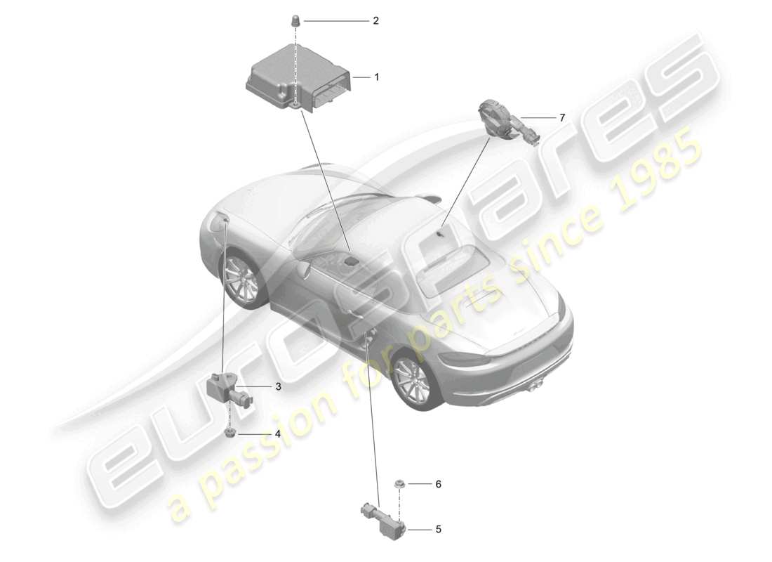 porsche 2024 (718 boxster) diagrama de piezas del sensor de impacto de la unidad de control del airbag