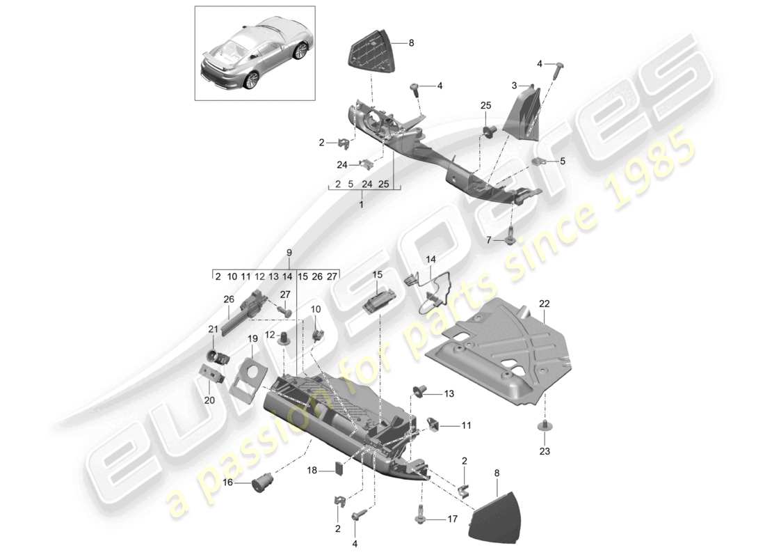 porsche 2021 (991-2 r/gt3/rs) diagrama de piezas de la guantera y el revestimiento (lado del conductor)
