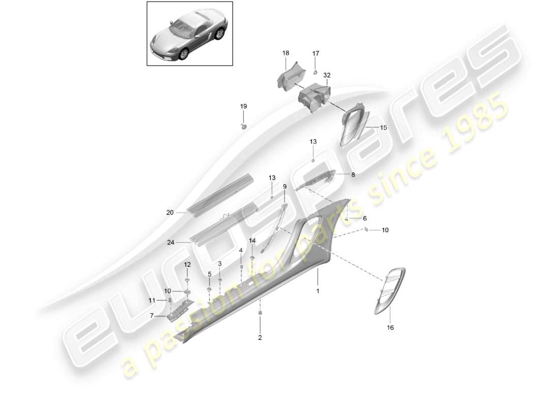porsche 2023 (718 boxster) diagrama de piezas del compartimento del motor de la moldura del miembro lateral y guía de aire