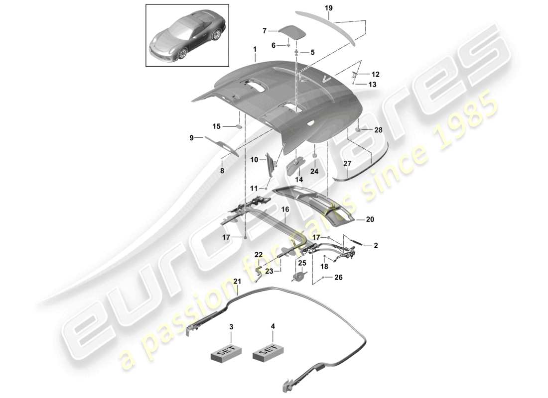 porsche 2021 (991-2 r/gt3/rs) diagrama de piezas de la tapa de la caja de almacenaje superior cabrio