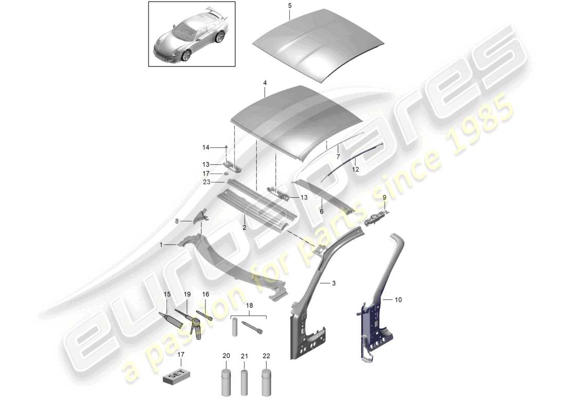 porsche 2021 (991-2 r/gt3/rs) diagrama de piezas del techo corredizo