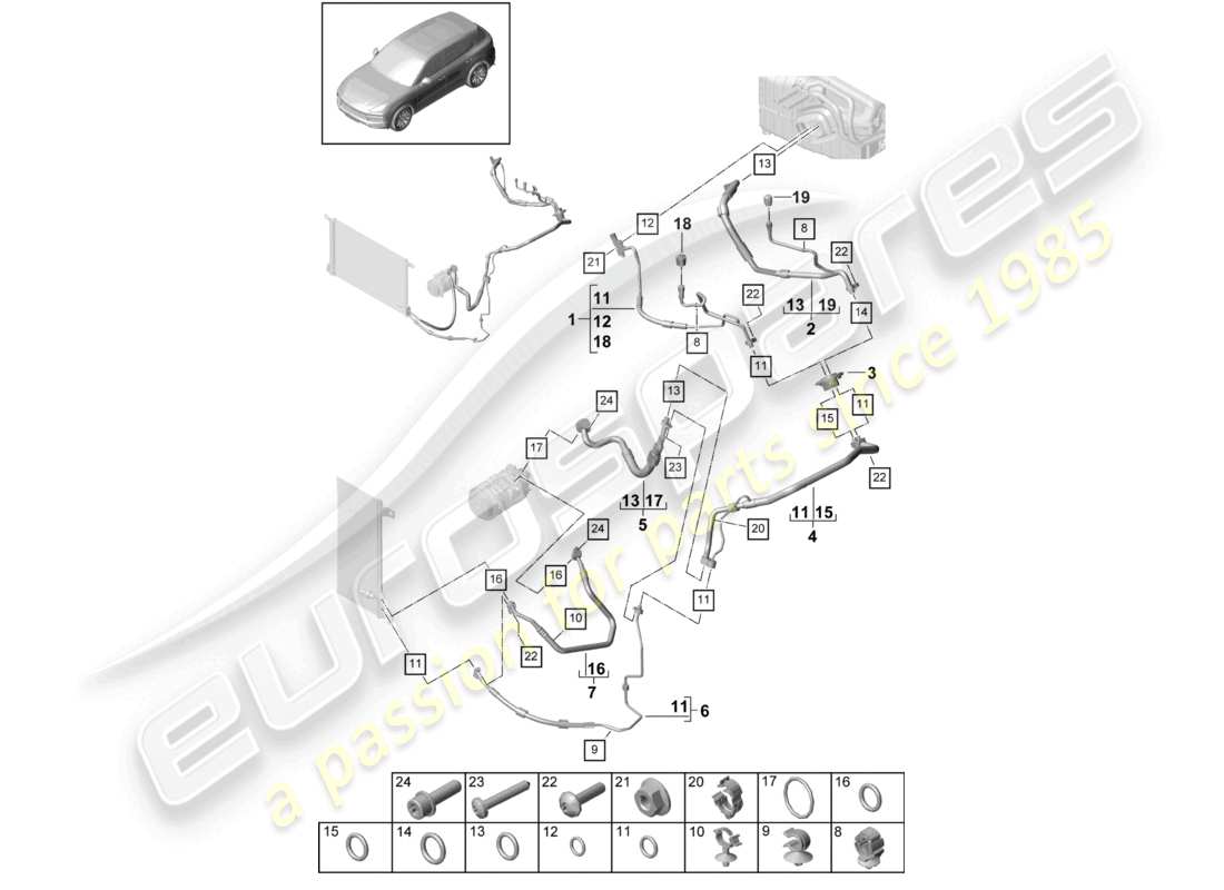 porsche 2022 (cayenne e3 9ya/9yb) diagrama de piezas de la línea de refrigerante del aire acondicionado v8 r134a