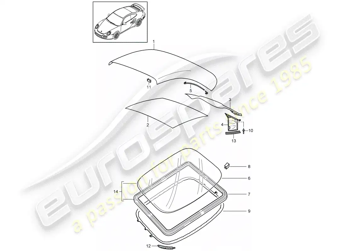porsche 2008 (997-1 turbo / gt2) cubierta superior convertible diagrama de piezas