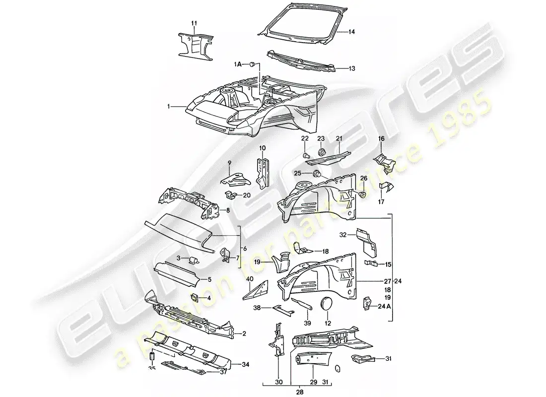 porsche 1988 (944) sección frontal del cuerpo diagrama de piezas