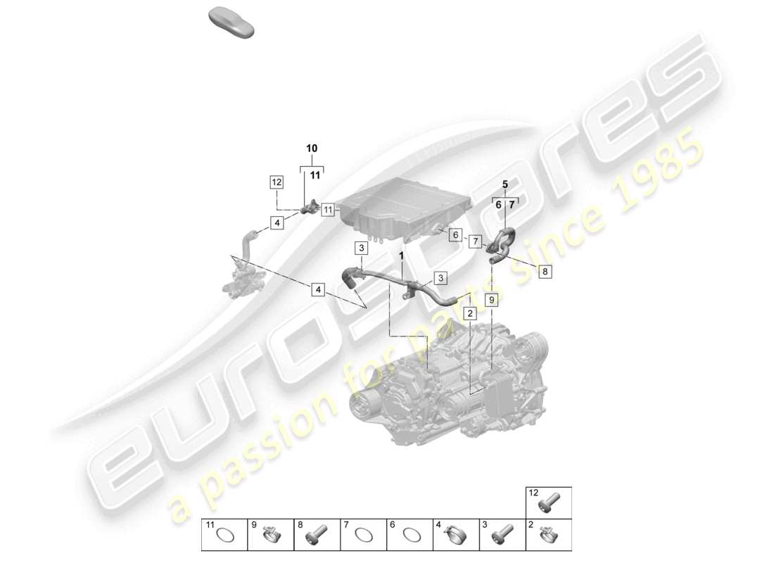 porsche 2025 (macan-e) motor de tracción para accionamiento eléctrico diagrama de piezas del eje delantero del sistema de refrigeración del refrigerante