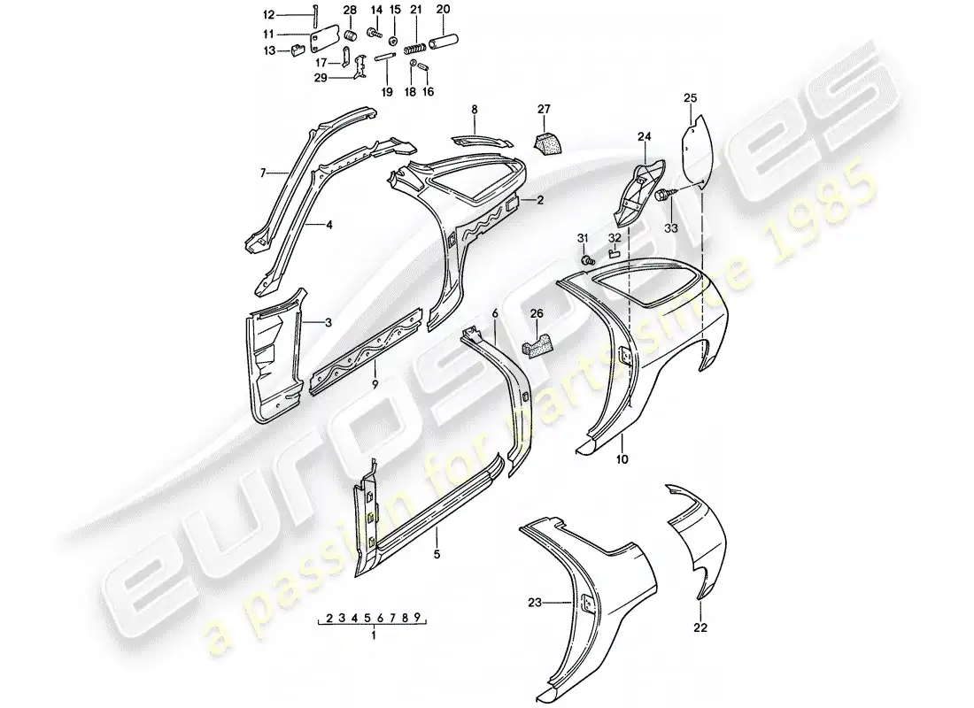 porsche 1985 (928) marco - panel lateral diagrama de piezas