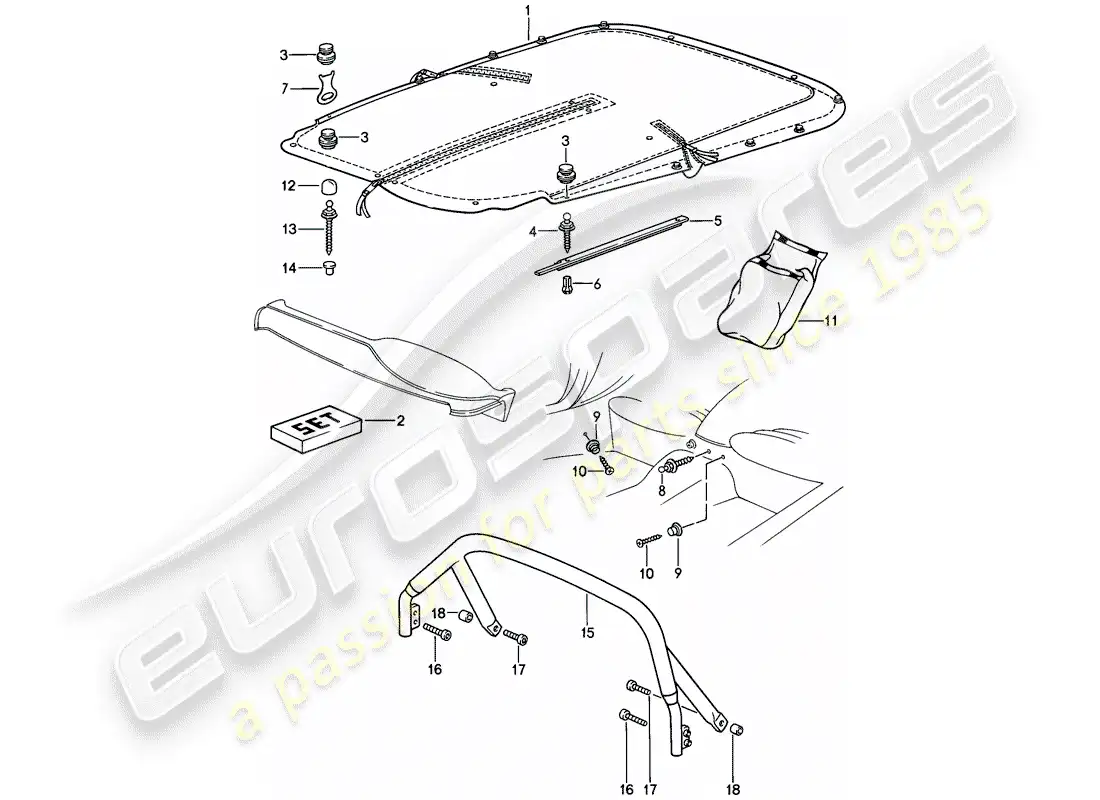 porsche 1985 (911) cubierta tonneau con - accesorios - clip de tapa diagrama de piezas