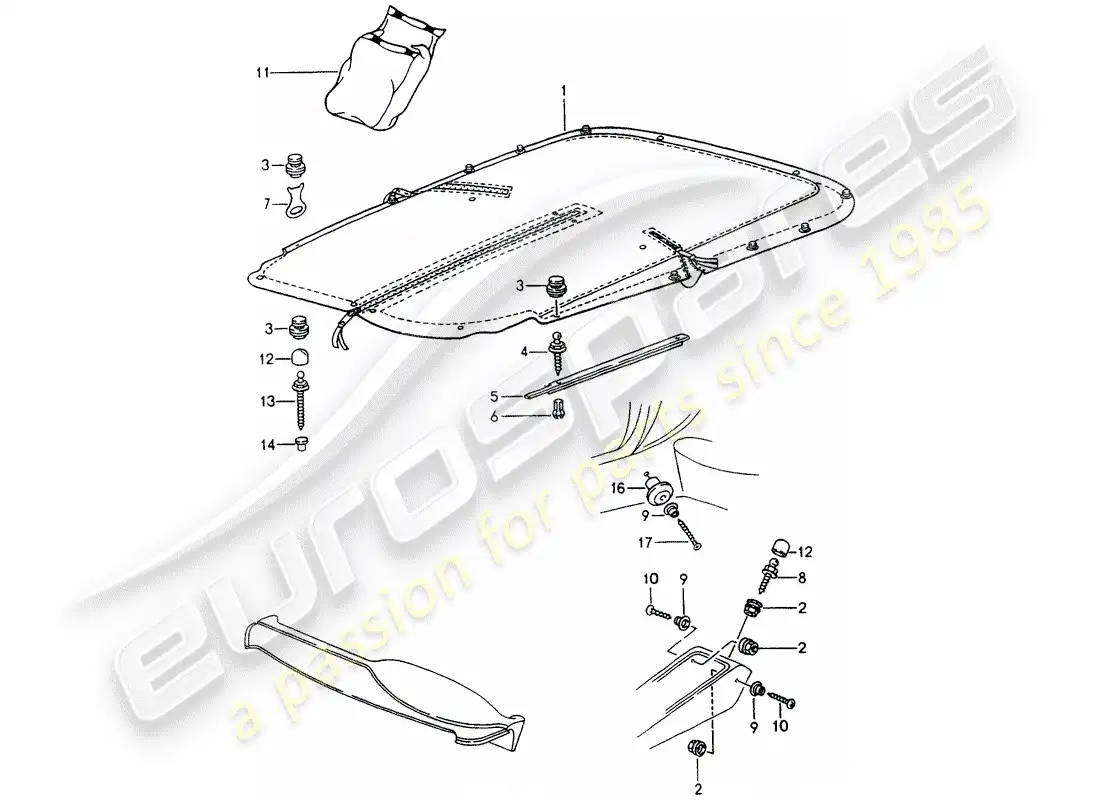 porsche 1990 (964) diagrama de piezas de la cubierta tonneau